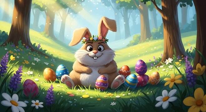 Easter bunny sitting with colorful eggs.