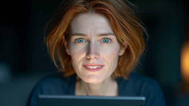 Caucasian woman with red hair smiles while using a tablet, showcasing a progression of emotions in a dimly lit indoor setting with warm lighting