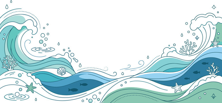 Ocean Wave Vector Background With Sea Water Splashes, Bubbles, Starfish, and Blue Marine Decorative Elements