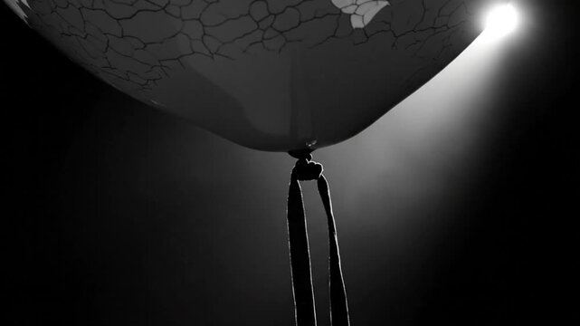 Black and white close up of a partially damaged balloon floating in darkness with bright spotlight.