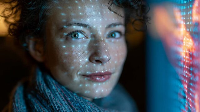 Female with curly hair and scarf gazes at illuminated projection, facial features highlighted by blue and red light patterns in a dimly lit indoor setting