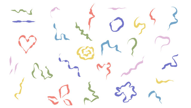 Playful hand-drawn doodle collection: Abstract shapes, lines, swirls, heart, transparent colorful design elements on white background