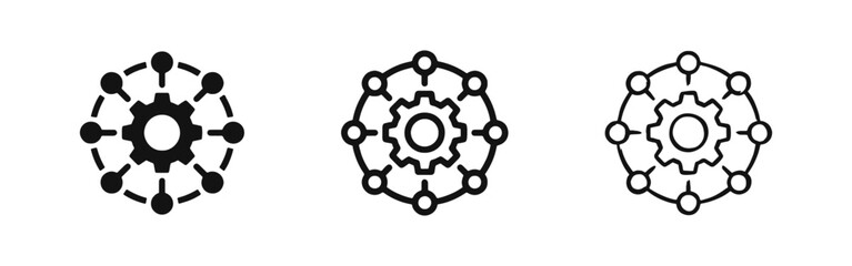 Centralized Network System Icon Set with Gear and Connectivity Nodes © drawing lines