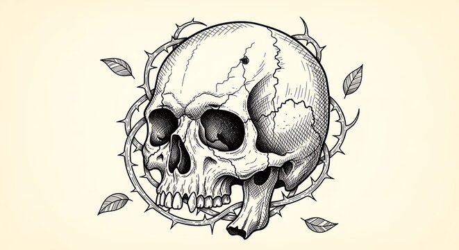 Detailed skull illustration surrounded by thorns and leaves on a neutral background