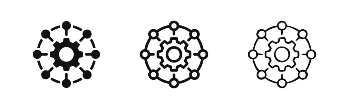 Centralized Network System Icon Set with Gear and Connectivity Nodes