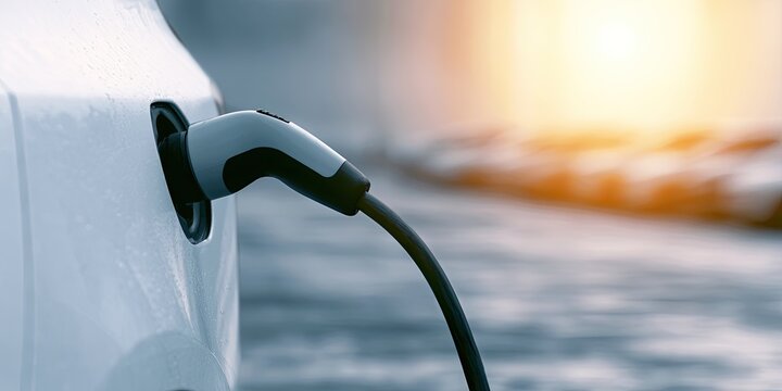Electric vehicle charging plug connected, warm sunset light over rows of cars