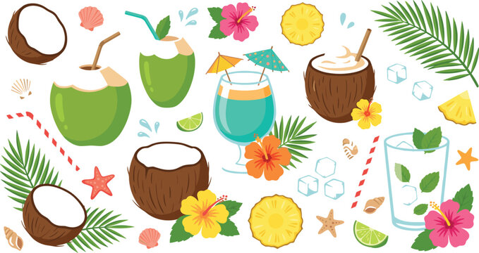 Tropical Coconut Drink Vector Background With Cocktails, Pineapple, Palm Leaves, Flowers, and Summer Vacation Elements