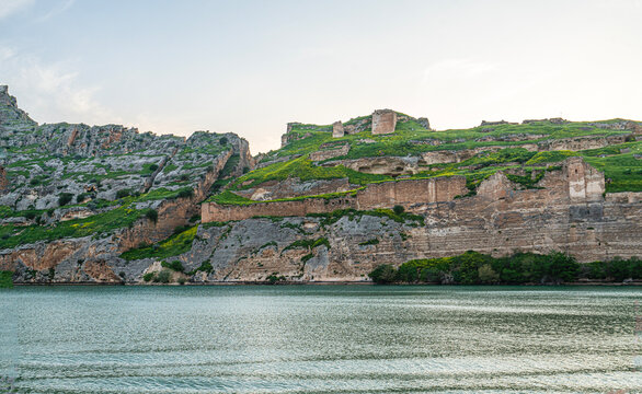 The scenic sunset views of the Rumkale, a ruined fortress on the Euphrates, located in the province of Gaziantep and 50 km west of Şanlıurfa, Turkey