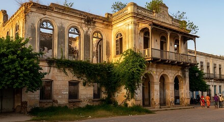 Obraz premium Dilapidated two story building exterior with arched windows under daytime sunlight