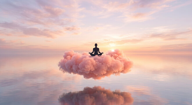 Surreal silhouette of a person meditating on a pink cloud floating over a calm ocean at sunset.