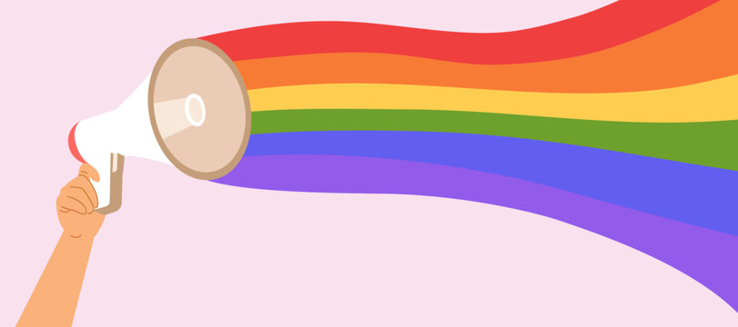 Vector cartoon illustration of a panoramic background with a hand holding a megaphone spreading a rainbow pride message