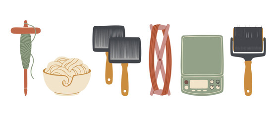Spinning and Carding Tools Set for Wool Fiber Crafting Process, Including Drop Spindle, Wool Combs, Fiber Swifts, Digital Scale, and Carder Brush for Artisan Textile Production and Yarn Making Project © Dinali