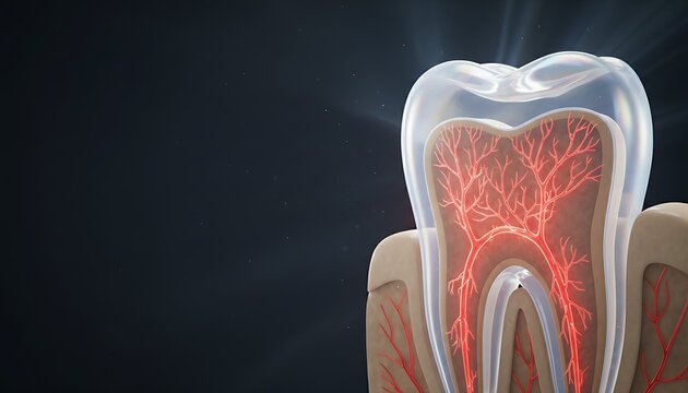 Detailed cross-section of a healthy human tooth with glowing red nerve and blood vessels inside, protected by a translucent enamel layer, against a dark background, symbolizing dental health, anatomy