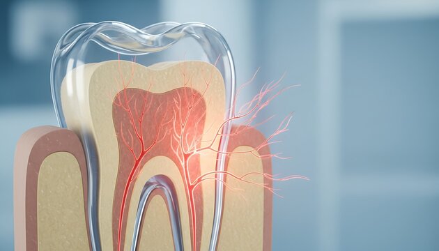 Detailed cross-section of a human tooth revealing internal anatomy with vibrant red nerves and blood vessels, in a clean, clinical, softly lit studio setting, symbolizing dental health, oral care