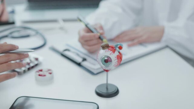 Eye Examination Discussion Clinic Setting Medical Consultation Professional Environment Close-Up View Ophthalmology Concepts