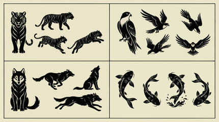 Fototapeta premium Collection of animal silhouettes including tiger wolf bird and fish