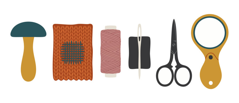 Darning Mushroom and Sewing Tools Set for Mending Clothes, Flat Lay Illustration of Knitting Repair Equipment with Needle, Thread Spool, Scissors, and Magnifying Glass for Visible Mending Projects