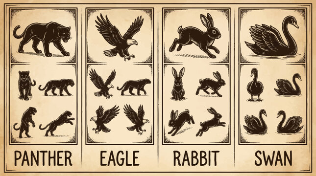 Vintage style illustrations of panther, eagle, rabbit and swan animals
