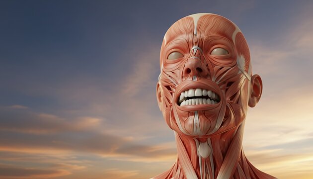 Detailed human head musculature anatomy, close-up view showcasing facial and neck muscles against a dramatic twilight sky, symbolizing health, science, and the human body's complexity