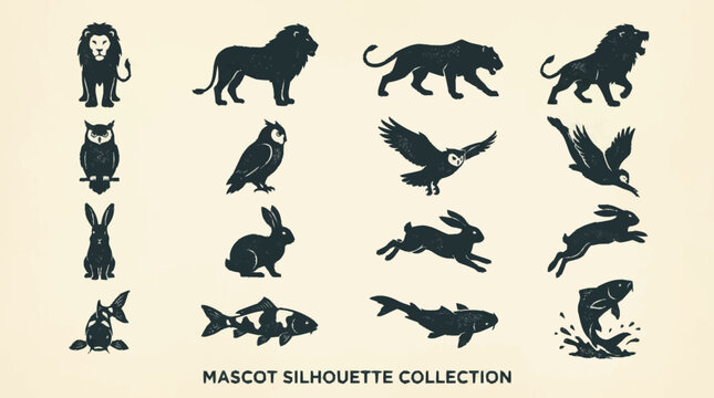 Mascot silhouette collection with various animal icons on beige background