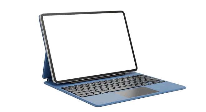 Vector illustration of tablet with blue keyboard case and trackpad on a transparent background