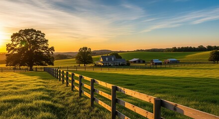Obraz premium Peaceful rural farm at sunset with white fence, mature trees, and traditional farmhouse in rolling green fields. Golden hour light creates warm tones across the pastoral scenery.