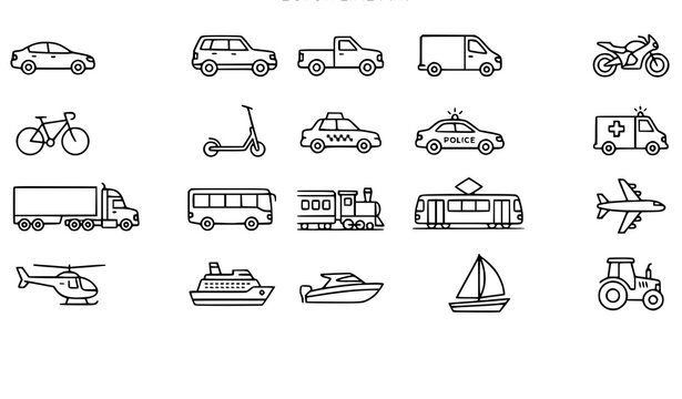 Transportation icons set vehicles modes of transport linear style