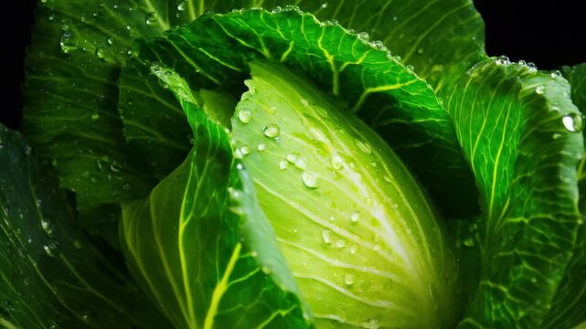 Fresh cabbage head with water droplets, close-up of vibrant green leaves, healthy eating concept