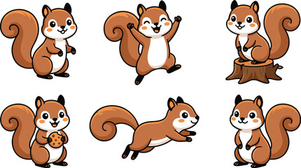 Fototapeta premium Adorable Kawaii Squirrel Character Poses Vector Illustration Set Featuring Cute Brown Squirrel Standing, Jumping, Running, Sitting on Stump, and Holding Cookie in Cartoon Style