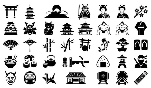 Japanese culture icon set temples samurai food and traditional symbols