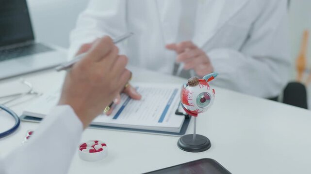 Eye Examination Discussion Clinic Setting Medical Consultation Professional Environment Close-Up View Ophthalmology Concepts