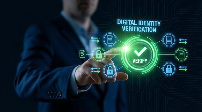 digital identity verification concept with a man touching a glowing green verify button on a circuit board high quality professional detailed modern elegant stylish