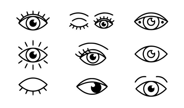 Nine black line art eye illustrations diverse styles and perspectives