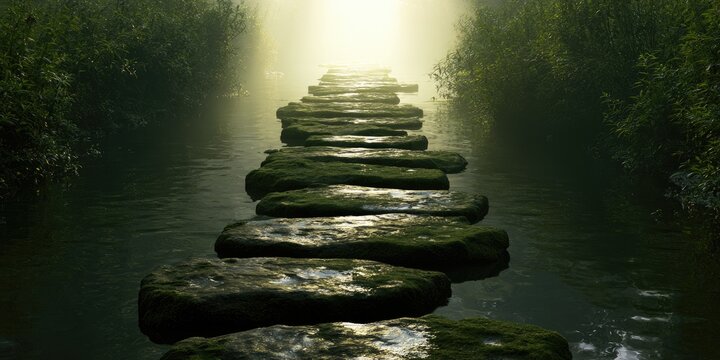 A mossy stone path crosses a misty, sunlit stream through dense green foliage