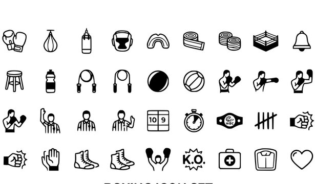 Boxing icon set linear design for sports fitness and combat illustrations
