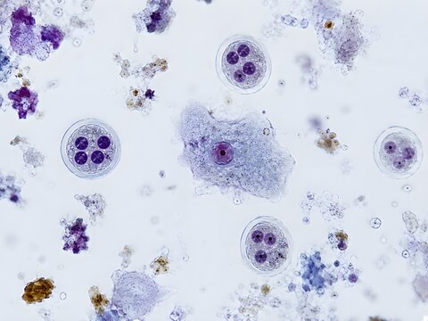 Microscopic View of Entamoeba Histolytica Protozoan Cysts in Laboratory Sample. ight micrograph showing parasitic cysts with clearly visible nuclei, likely Entamoeba histolytica, among cellular debris