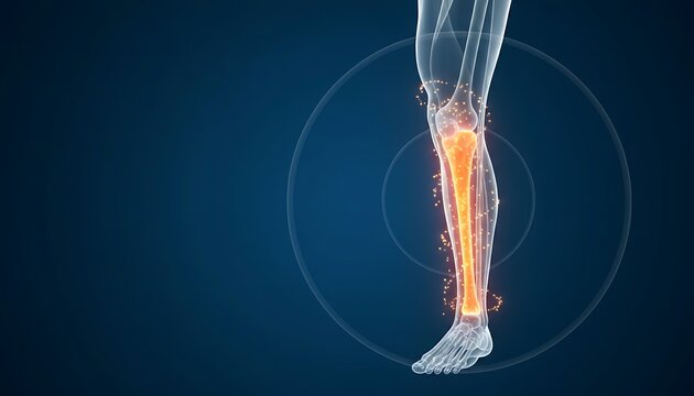 Human Leg Anatomy Medical Illustration, Glowing Tibia Bone with Particles, Transparent Futuristic 3D Rendering against Deep Blue Background, symbolizing health, healing, and medical research
