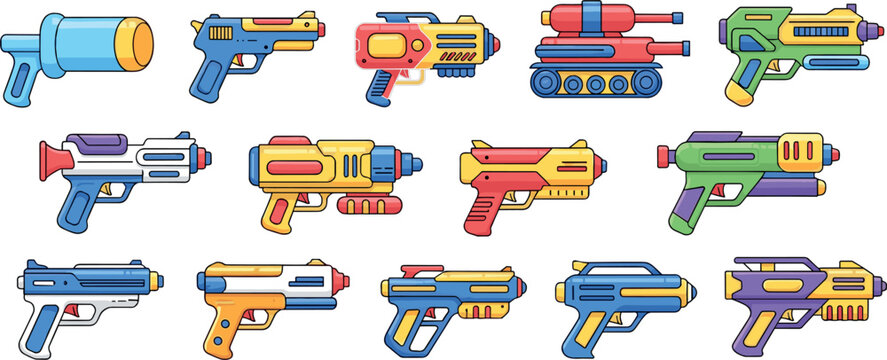 Large Collection of Colorful Sci-Fi Futuristic Laser Blasters and Plastic Water Gun Toy Vector Illustrations for Game Assets
