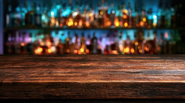 Empty rustic wooden bar top with blurred bottles of spirits in background
