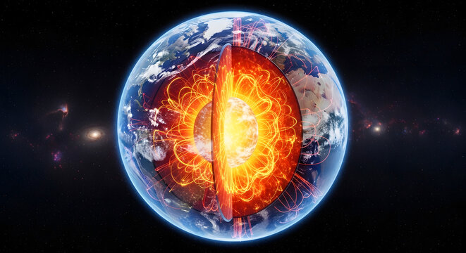 Cross section of earth showing glowing molten core and magnetic fields against vast dark space background.