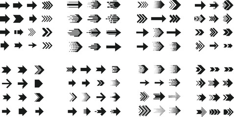 Fototapeta premium Comprehensive black vector arrow icon collection featuring motion, speed, and directional right pointing symbols for modern UI graphic design