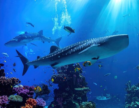 Giant spotted whale sharks swim among colorful coral and other fish