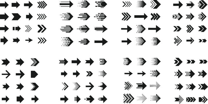 Comprehensive black vector arrow icon collection featuring motion, speed, and directional right pointing symbols for modern UI graphic design