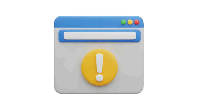 Vector illustration of 3d render of a browser window with an exclamation mark warning icon on a transparent background