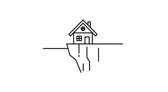 House on cliff edge icon, risk, danger, precarious, unstable, precarious living, unstable foundation
