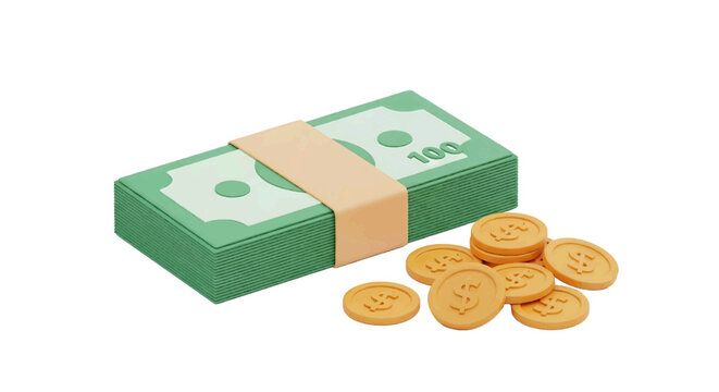 Vector illustration of 3d render of a stack of hundred dollar bills and gold coins on a transparent background