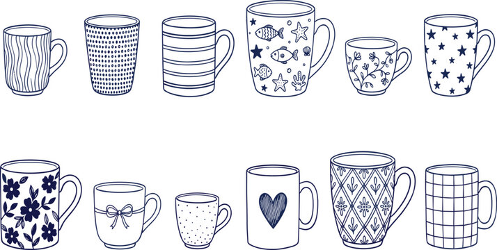 Hand Drawn Coffee Mug Vector Illustration Collection Featuring Decorative Ceramic Cups, Floral Patterns, and Minimal Kitchen Drinkware Design Elements