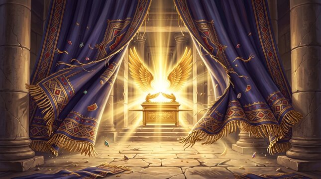 Ark of the Covenant with Golden Angel Wings Revealed Behind Torn Purple Veil in Ancient Holy Temple