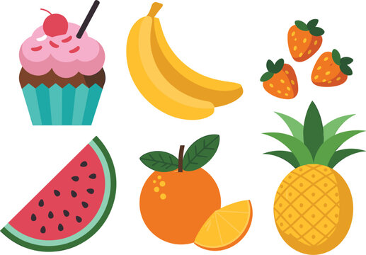 Cute fruits and cupcake collection, banana watermelon pineapple strawberry vector illustration isolated set