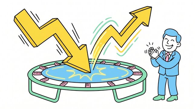Funny doodle illustration of a falling financial arrow bouncing high back up from a giant trampoline, market recovery concept.
